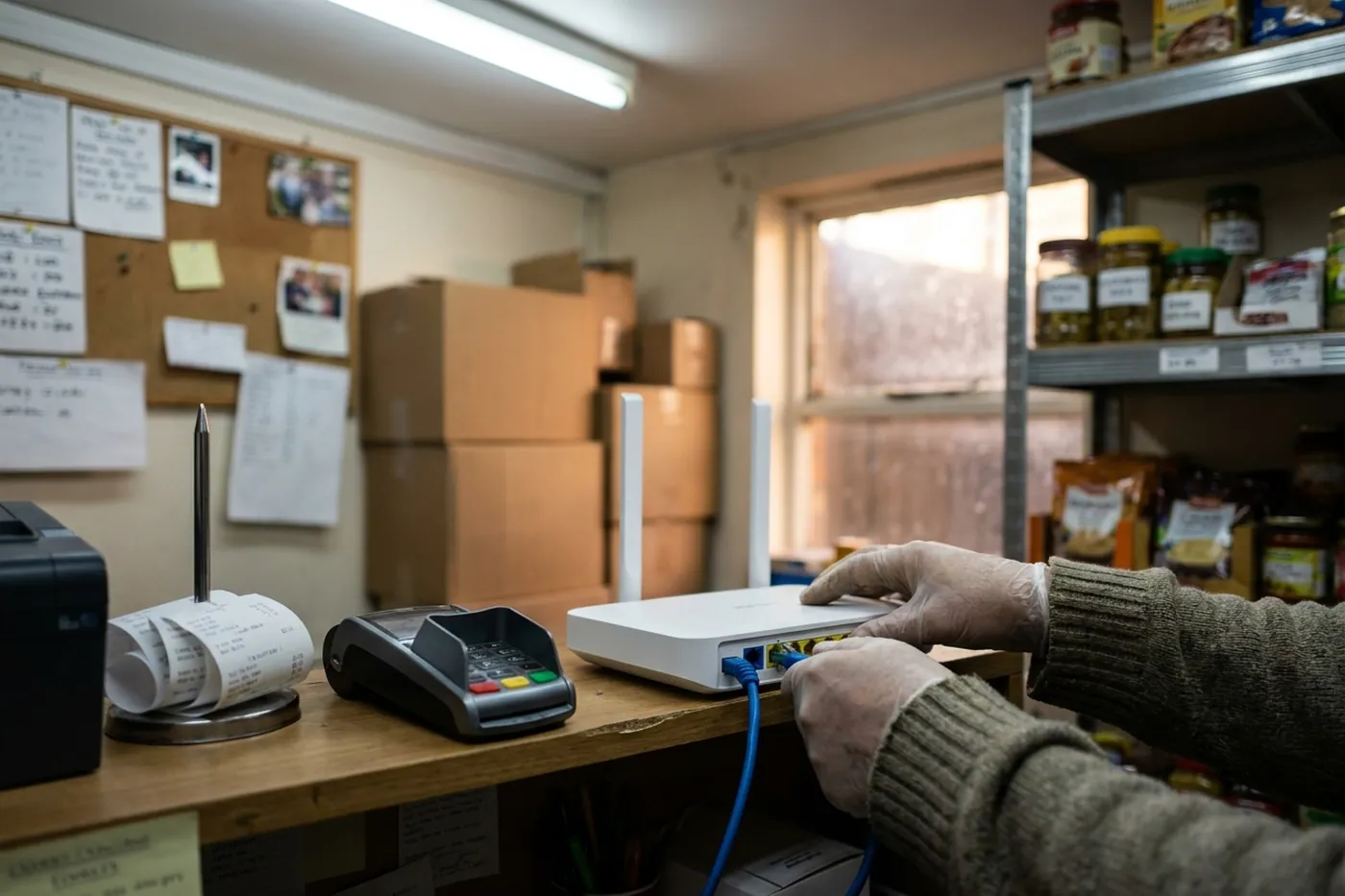 Shopkeeper plugging in the pre-configured business broadband router in the back office