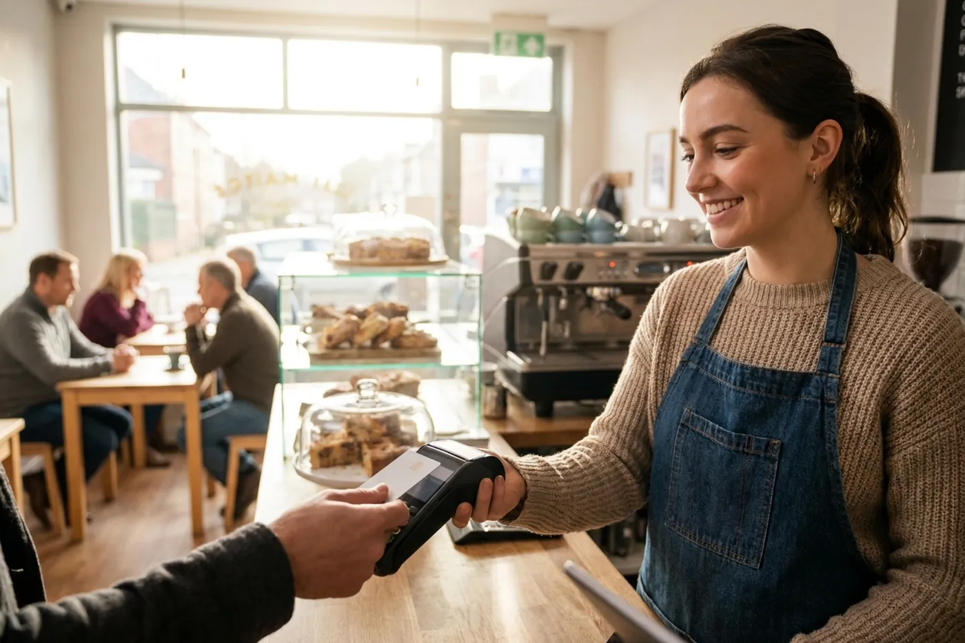 Cafe owner taking a contactless card payment over the business broadband