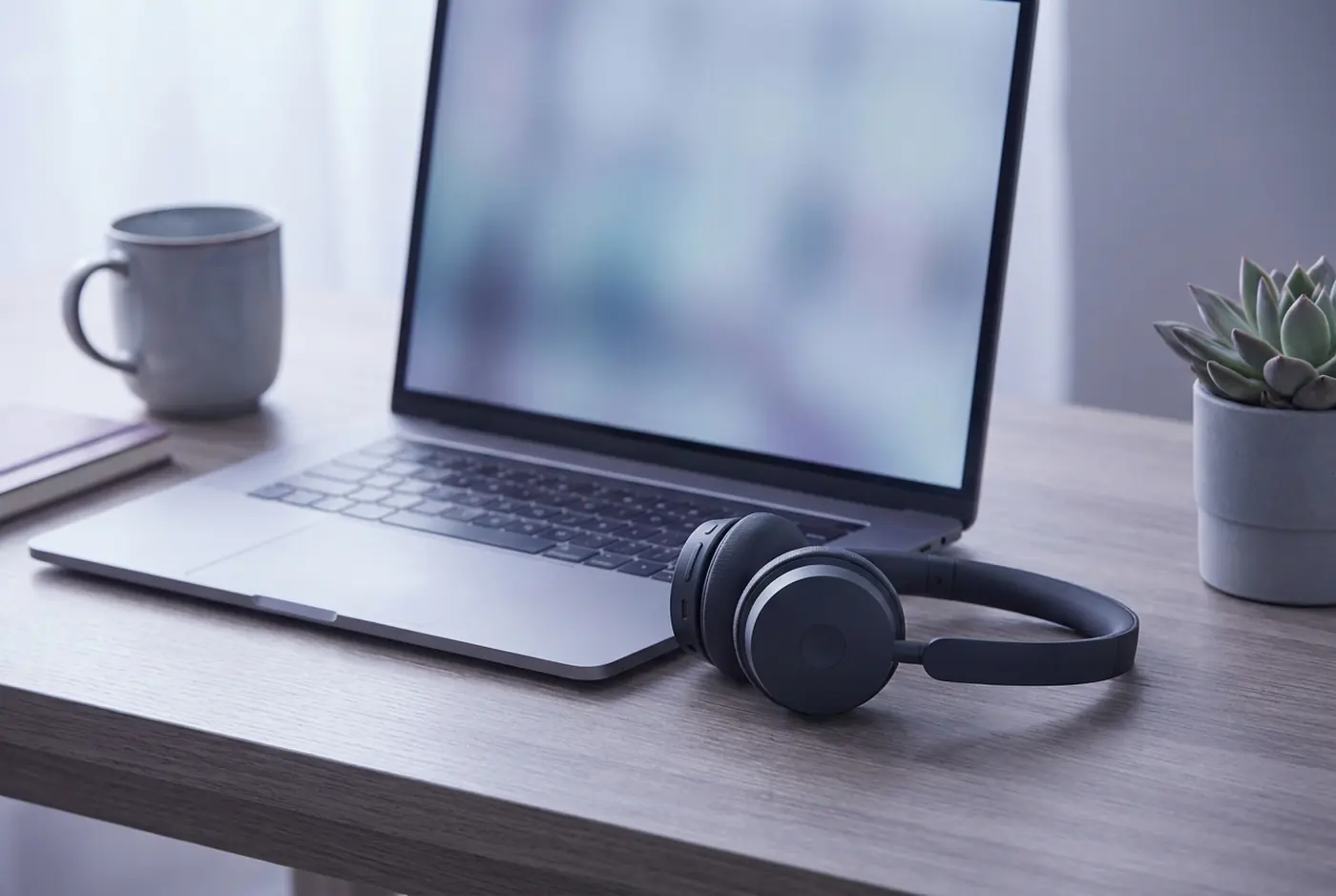 Office headset beside a laptop