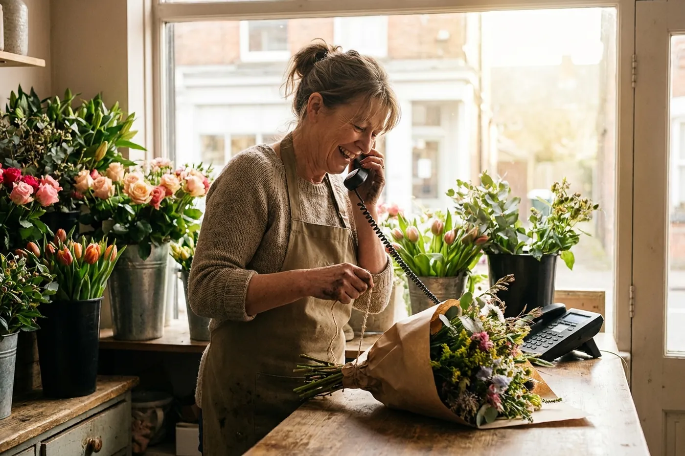 Florist taking an order on the business phone line in her shop