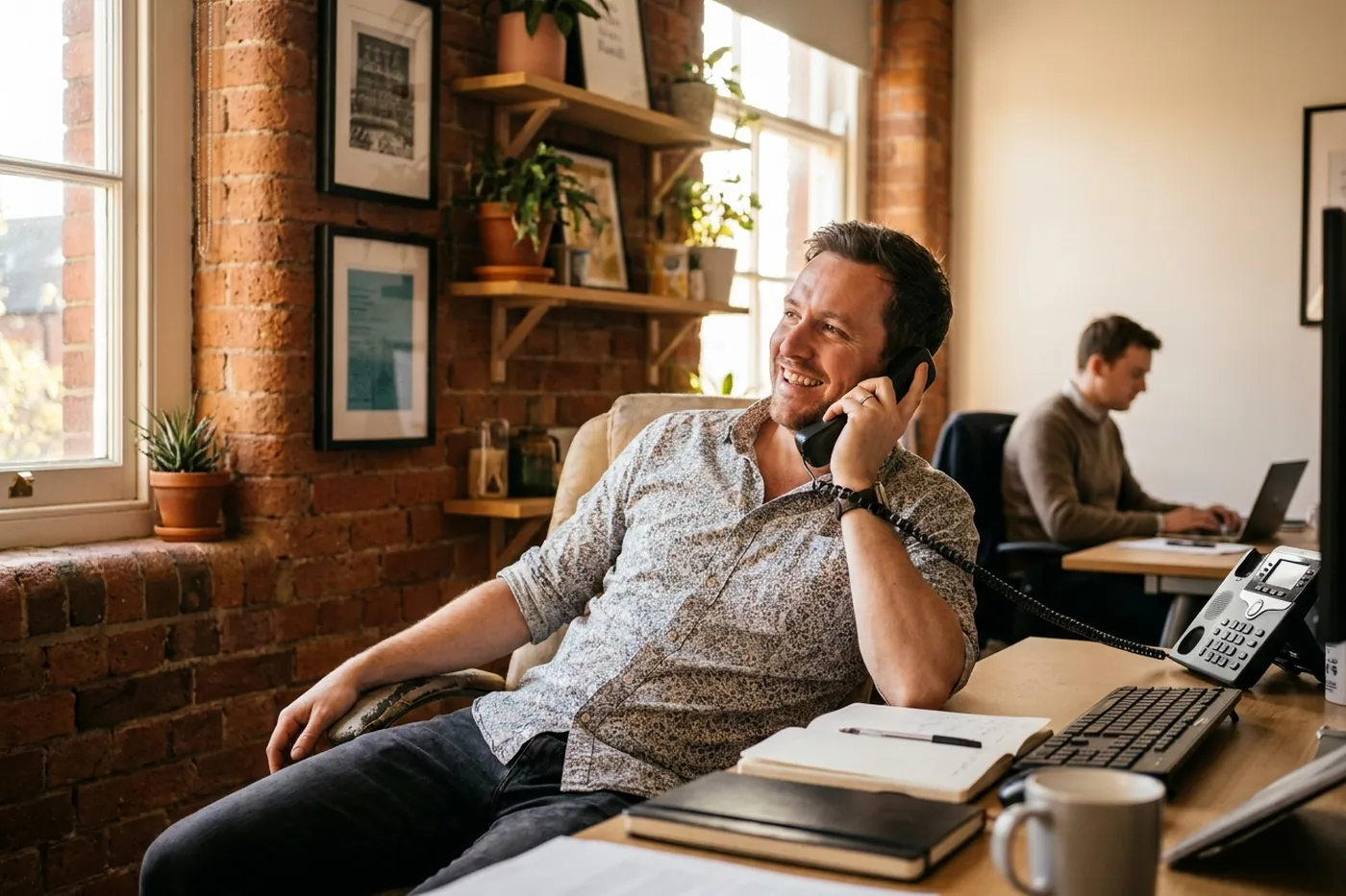 Small business owner on a call at his desk in a brick-walled office