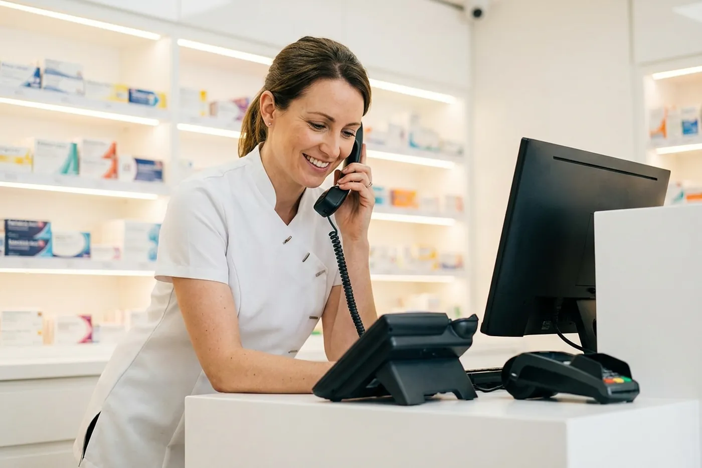 Pharmacist taking a call on the business phone at the dispensing counter