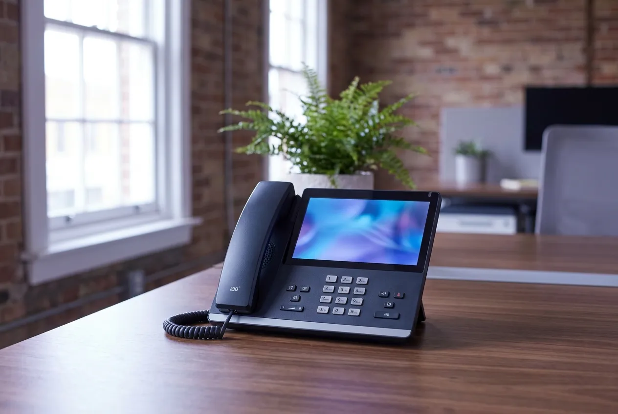 Business IP desk phone on a desk in a modern UK office