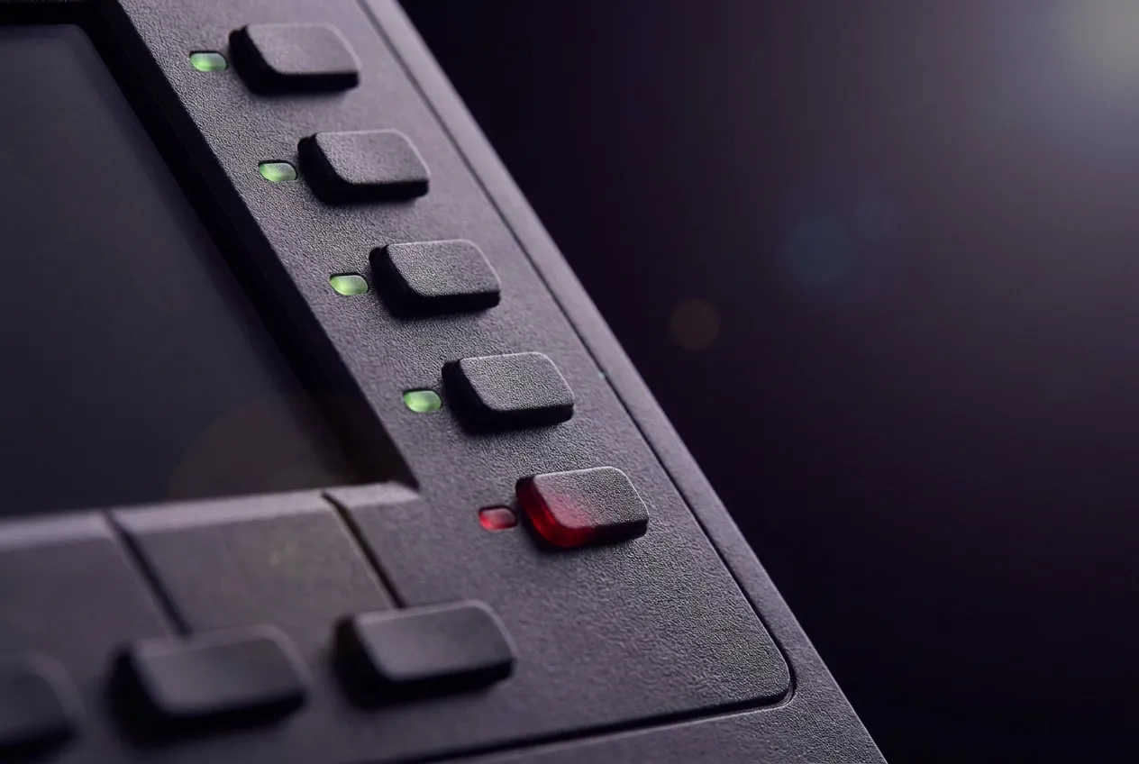 Programmable keys with glowing status lights on a business IP desk phone
