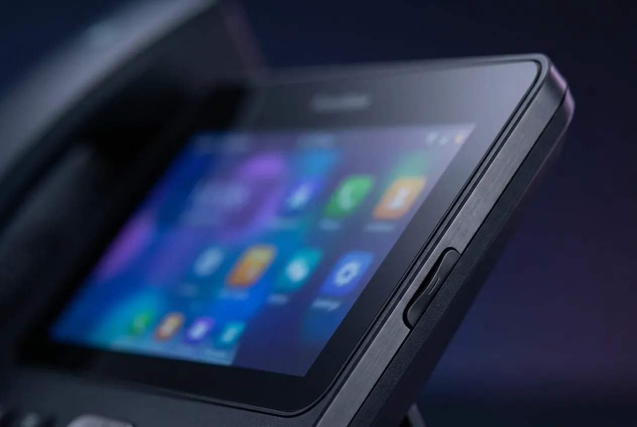 Close-up of the colour touchscreen on a business IP desk phone