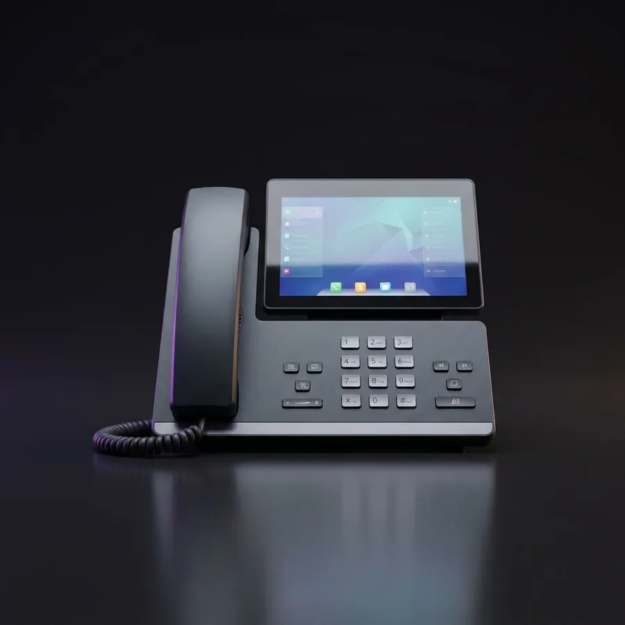 Business IP desk phone with colour touchscreen, front view
